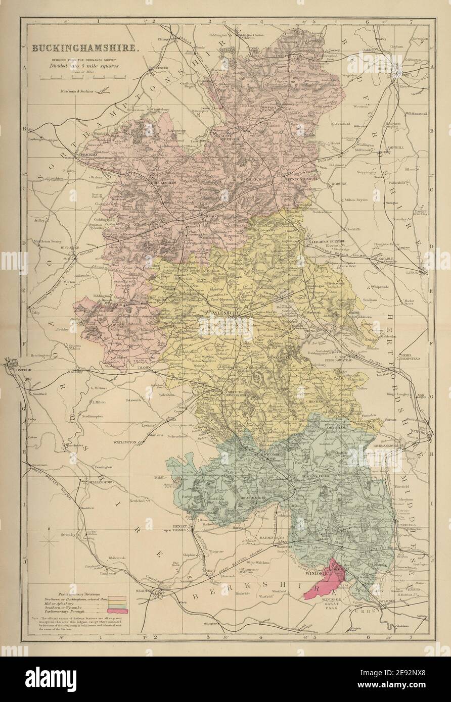 BUCKINGHAMSHIRE antique county map by GW BACON 1885 old plan chart ...