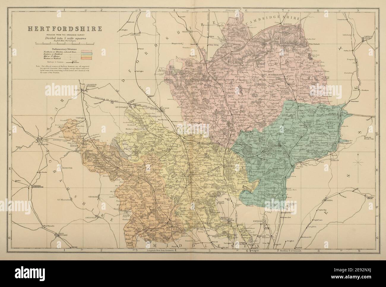 HERTFORDSHIRE antique county map by GW BACON 1885 old plan chart Stock ...
