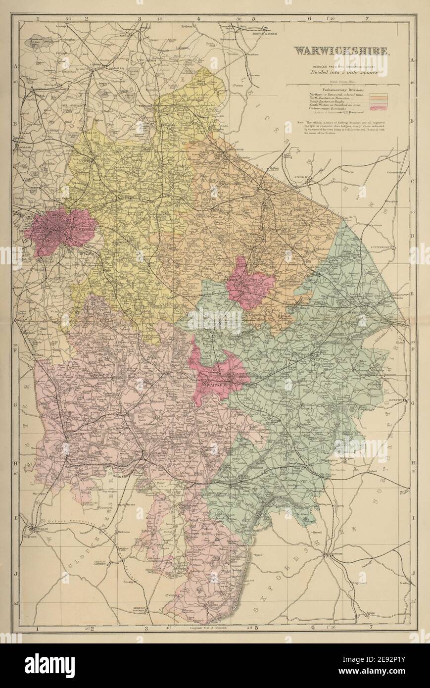 WARWICKSHIRE antique county map by GW BACON 1885 old plan chart Stock ...