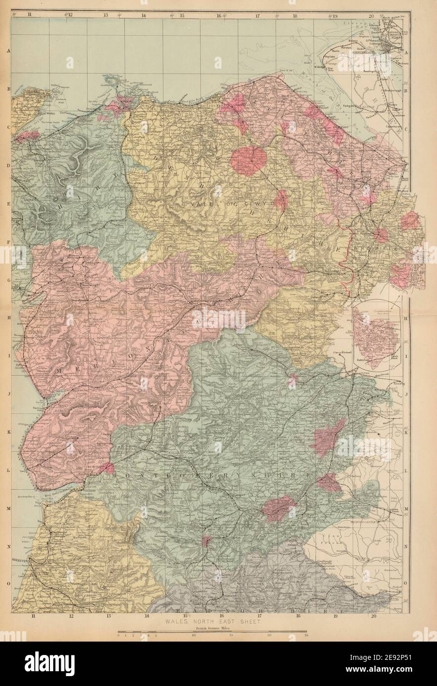 WALES (North East) Flint Denbigh Merionethshire Clywd GW BACON 1885 old map Stock Photo