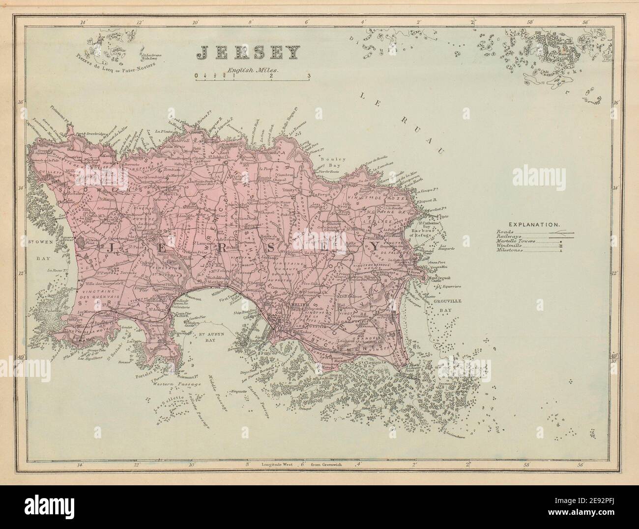 The island of JERSEY Channel Islands antique map by GW BACON 1885 old Stock Photo