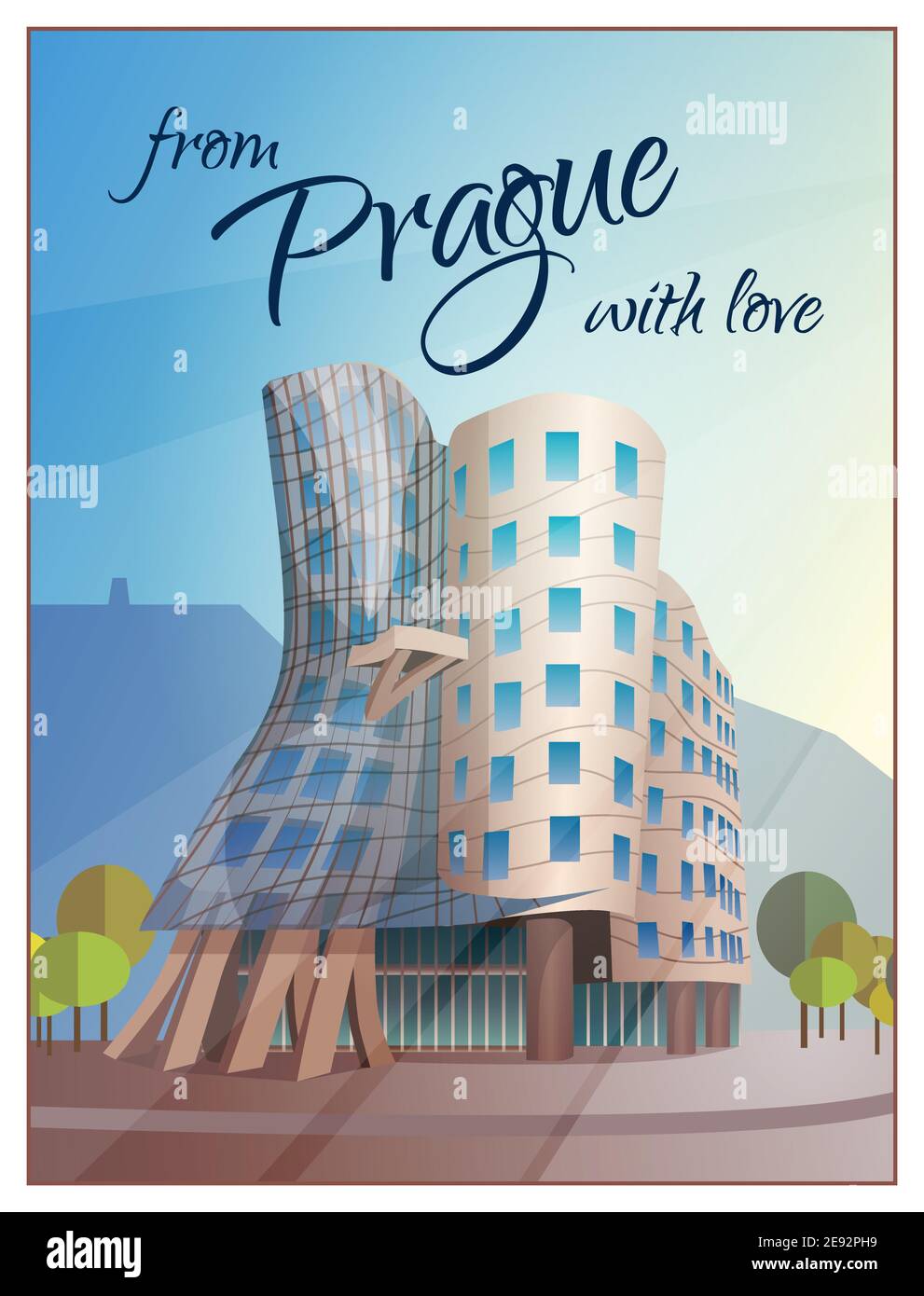 Prague city views travel poster with modern curvy dancing office building with top floor restaurant vector illustration Stock Vector