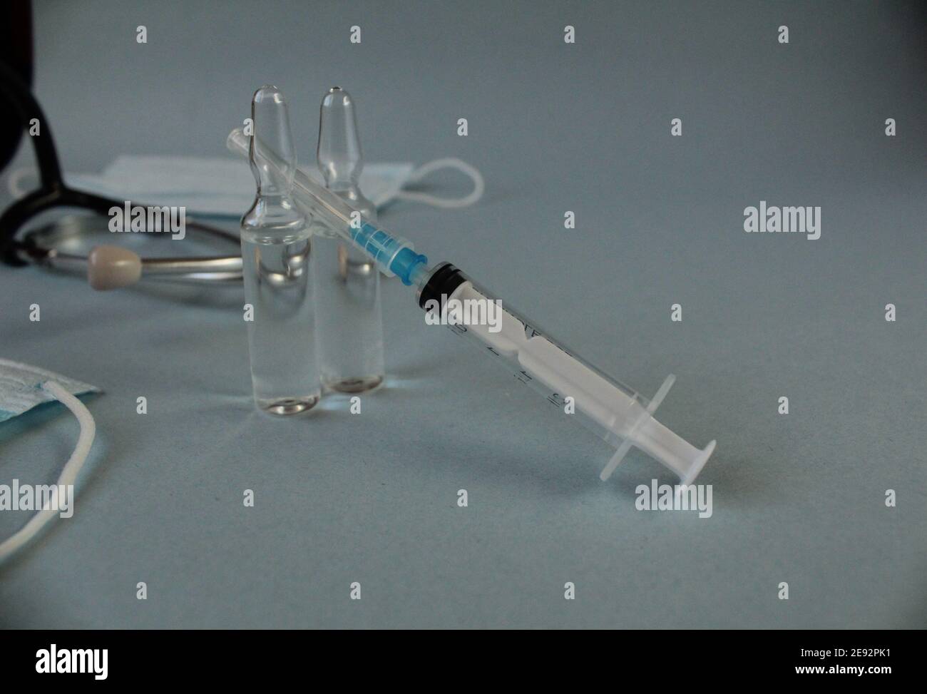vaccination vaccinated syringe and two vials with lekarts vaccine on a ...