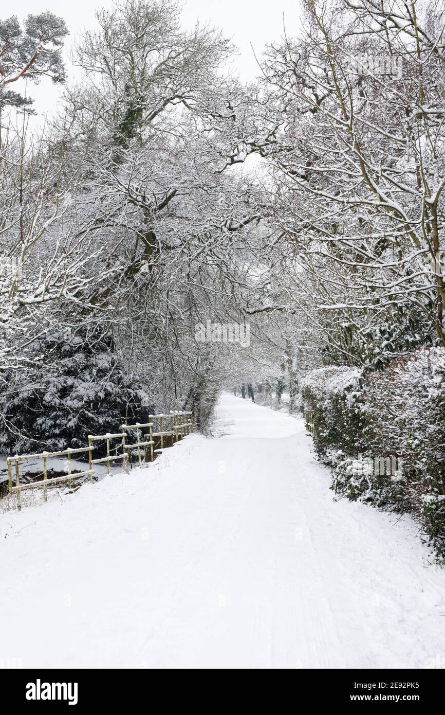 Snow covered road to Turweston, Northamptonshire. Stock Photo