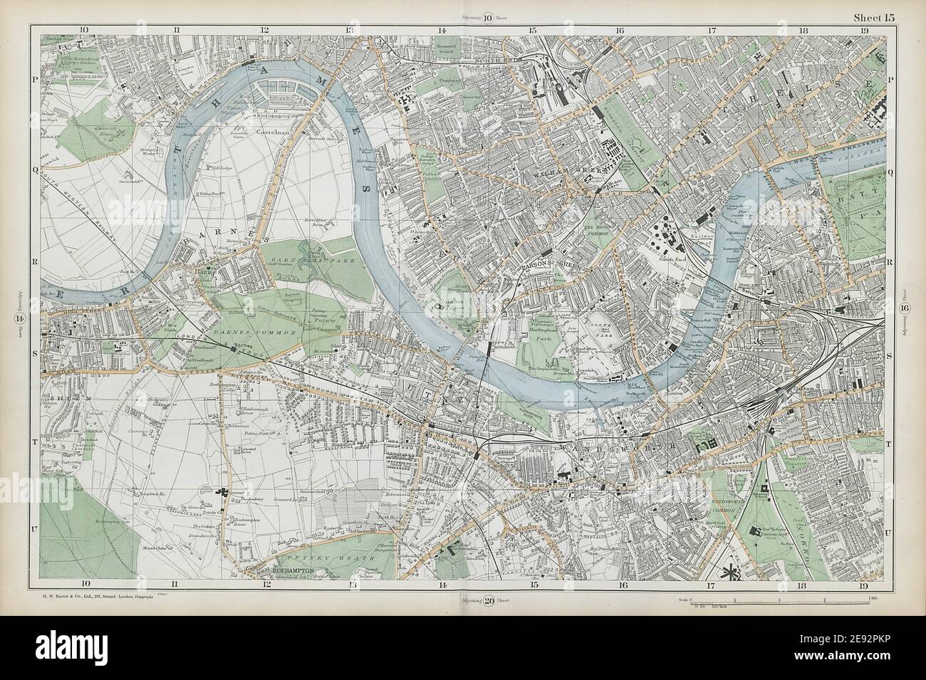 LONDON Chiswick Barnes Fulham Chelsea Putney Wandsworth Clapham. BACON  1906 map Stock Photo