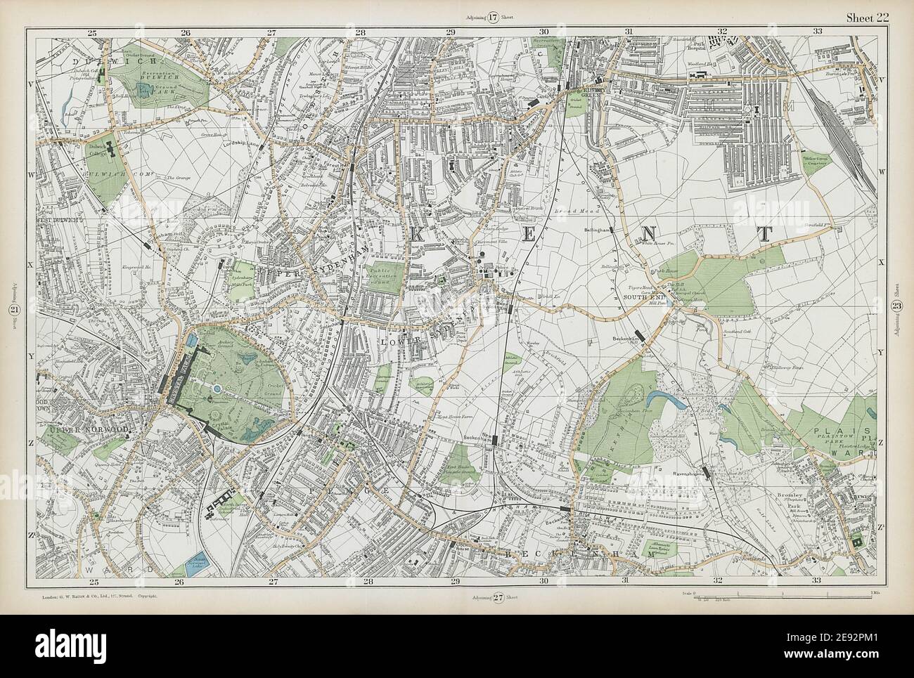LONDON Sydenham Penge Beckenham Catford Norwood Dulwich Lewisham BACON  1906 map Stock Photo