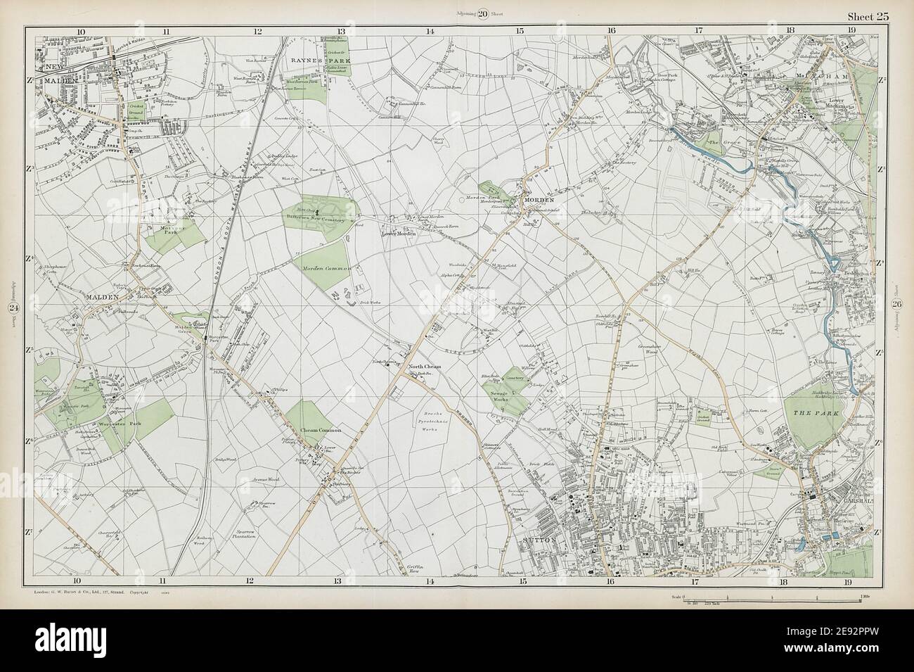 SUTTON Carshalton Morden New Malden Worcester Pk Mitcham Cheam. BACON  1906 map Stock Photo