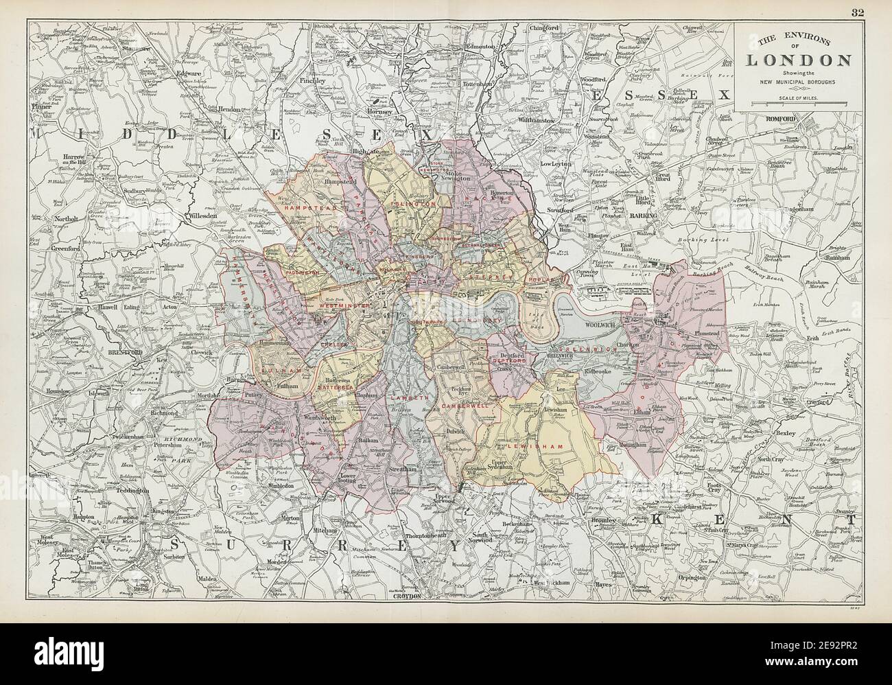 GREATER LONDON ENVIRONS. Showing new Municipal Boroughs. BACON 1906 old map Stock Photo