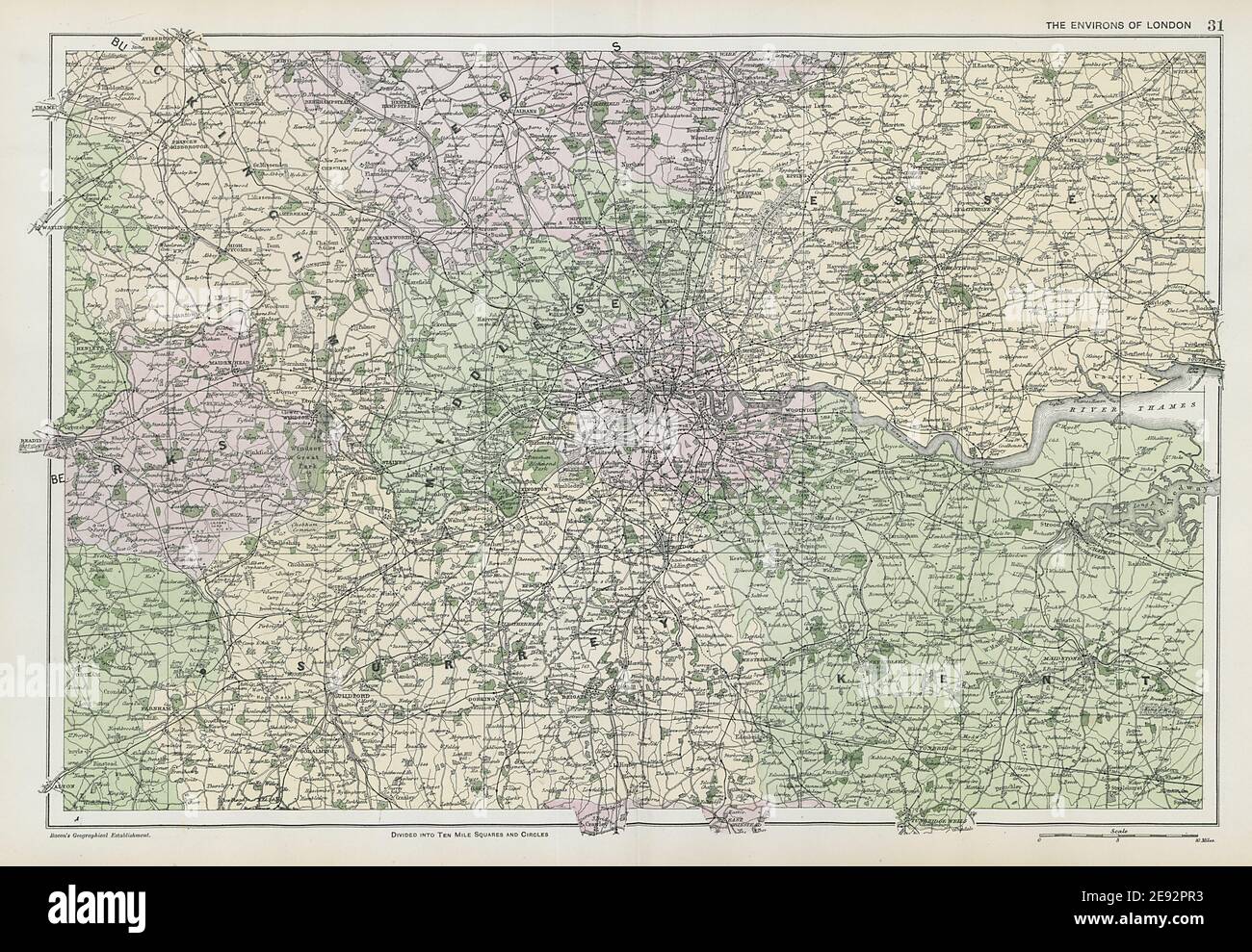 LONDON & HOME COUNTIES.Middx Essex Kent Surrey Berks Bucks Herts.BACON 1906 map Stock Photo