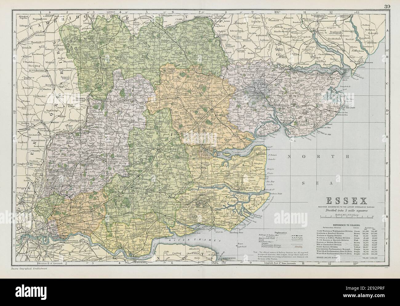 ESSEX county map. Parliamentary constituencies divisions. Railways. BACON 1906 Stock Photo