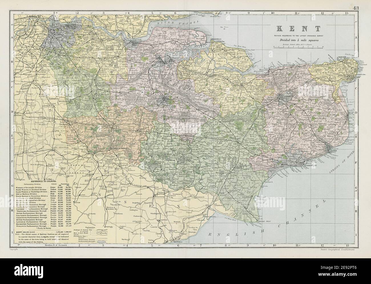 KENT county map. Parliamentary constituencies divisions. Railways. BACON 1906 Stock Photo