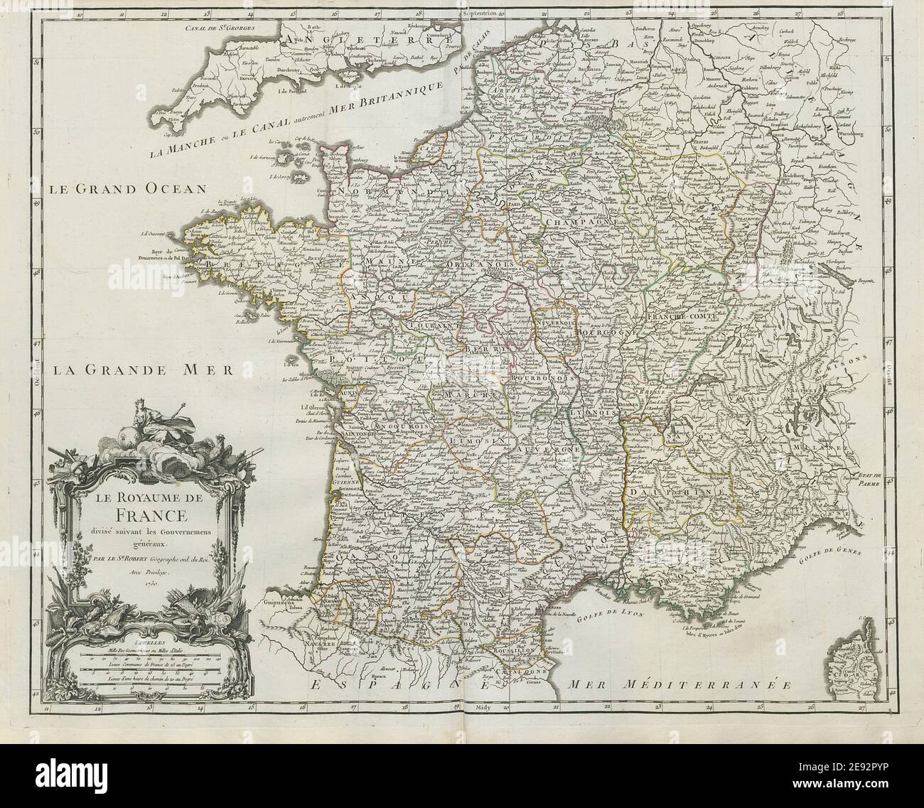 Le Royaume de France divisé suivant les Gouvernemens généraux. VAUGONDY 1750 map Stock Photo