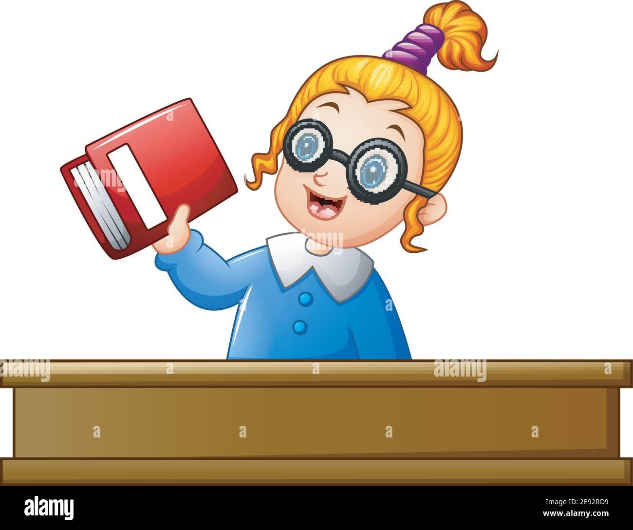 Vector illustration of School girl holding textbook at desk Stock ...