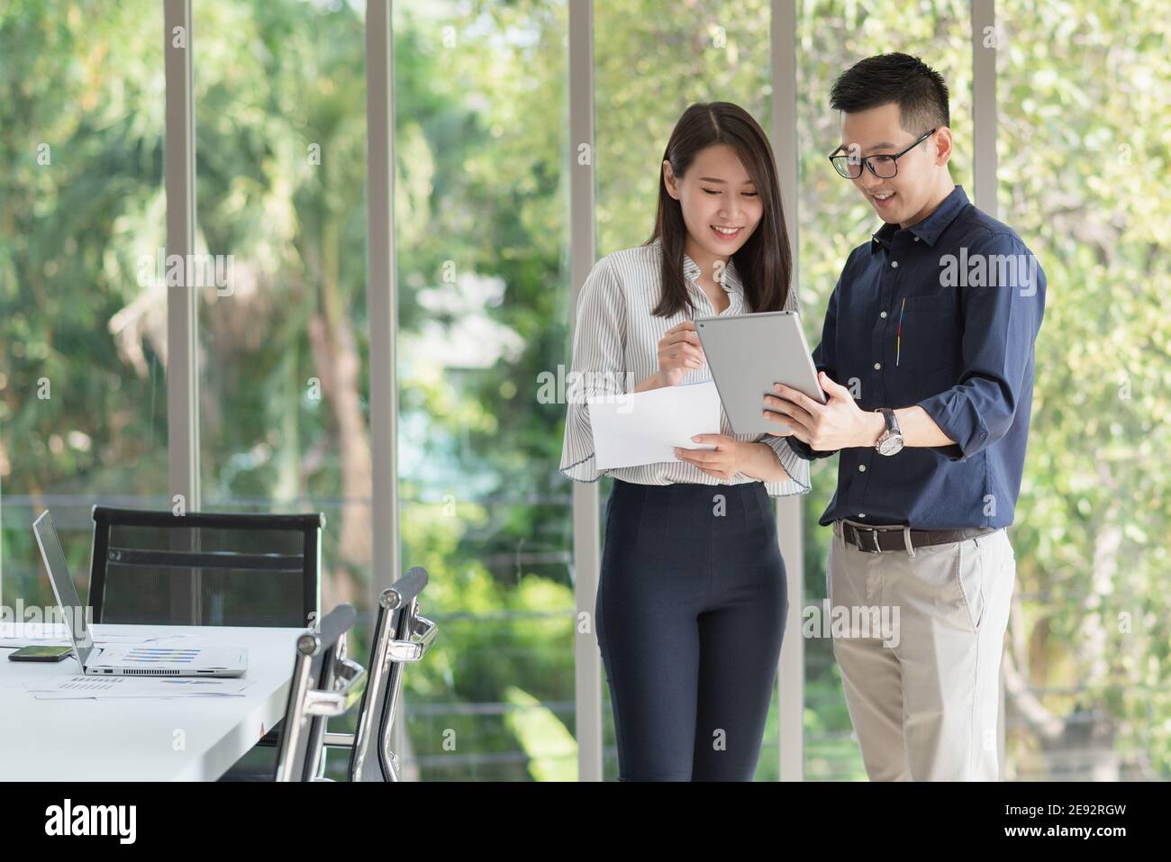 Business employee meeting and discussion with powerful teamwork at company office with positive attitude. Stock Photo