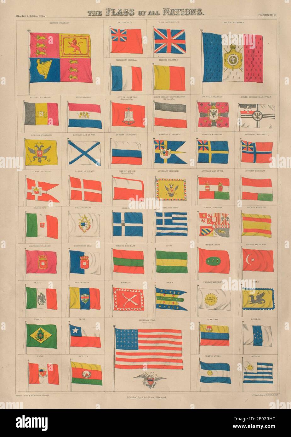 Flags of all Nations Standards merchants Ottoman Persia Lubeck China Brazil 1870 Stock Photo