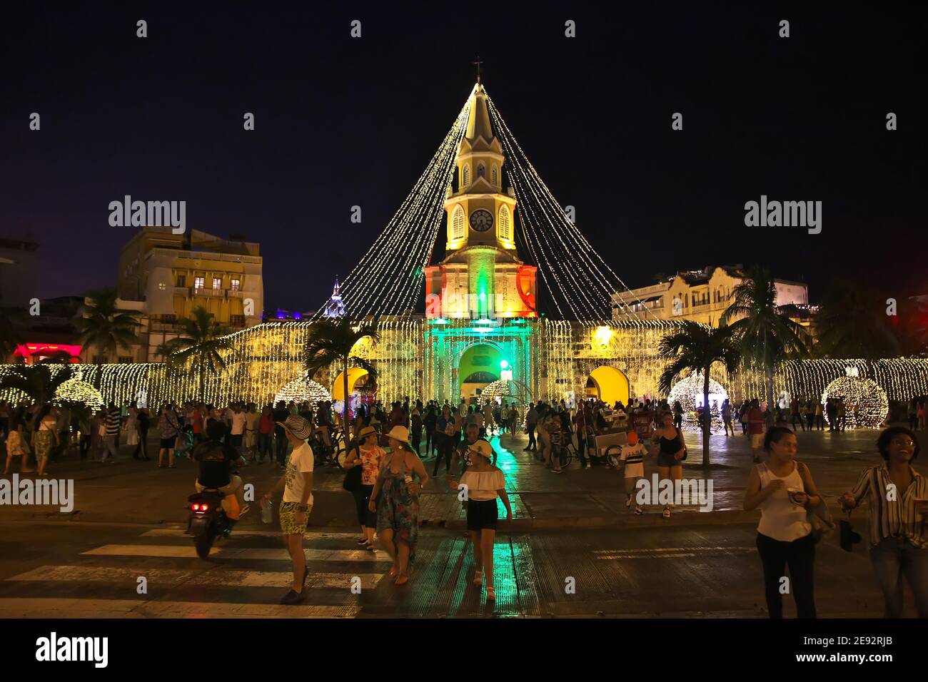 Clock tower in Cartagena at night, Colombia, South America Stock Photo