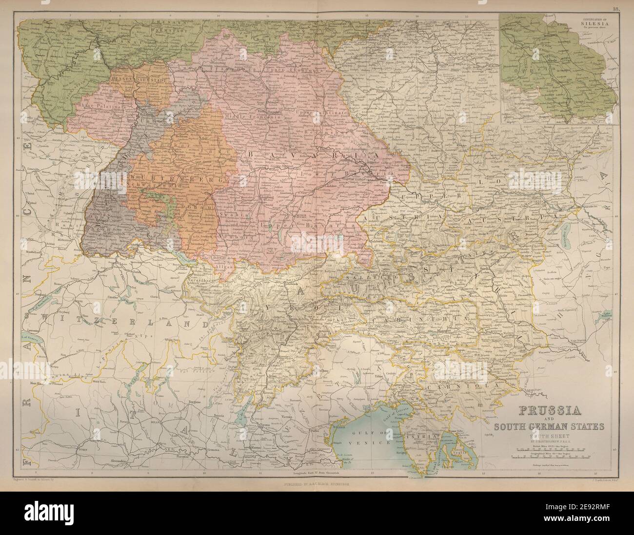 Southern Germany states & Austria. Poland Silesia Bavaria. BARTHOLOMEW 1870 map Stock Photo