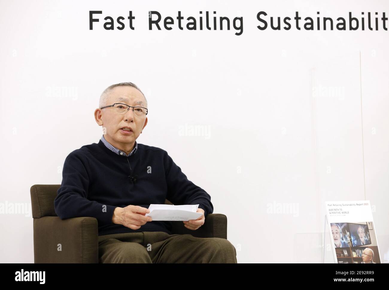 Tadashi Yanai, chairman and CEO of Fast Retailing Co., the operator of  casual wear chain Uniqlo, gives an online interview on Feb. 2, 2021, on the  company's environmental initiatives. (Kyodo)==Kyodo Photo via