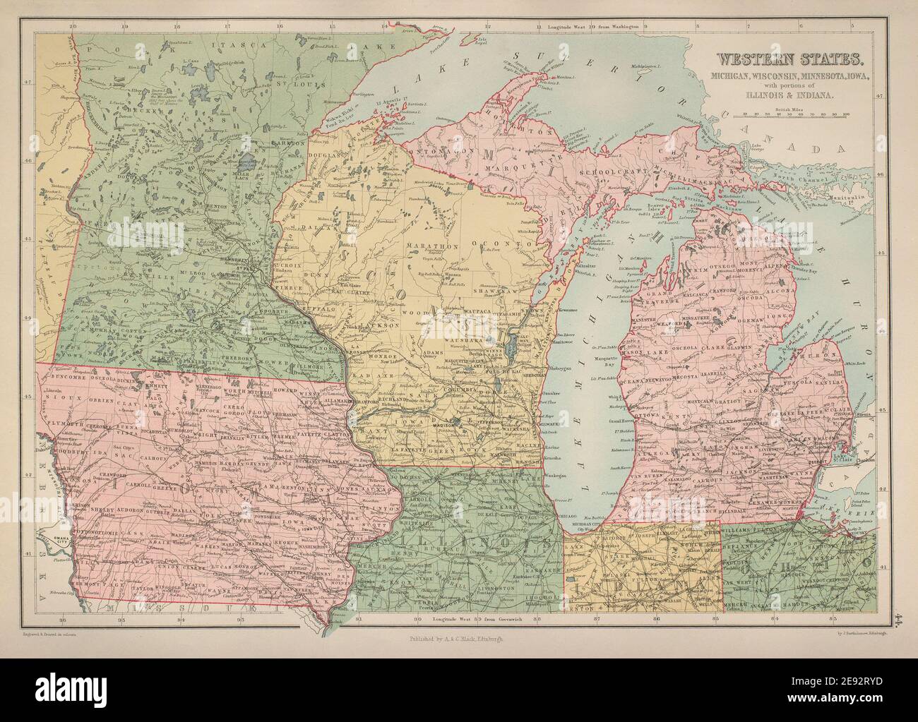Map Of Wisconsin And Iowa Usa Midwest Great Lakes. Michigan Wisconsin Minnesota Iowa. Bartholomew  1870 Map Stock Photo - Alamy