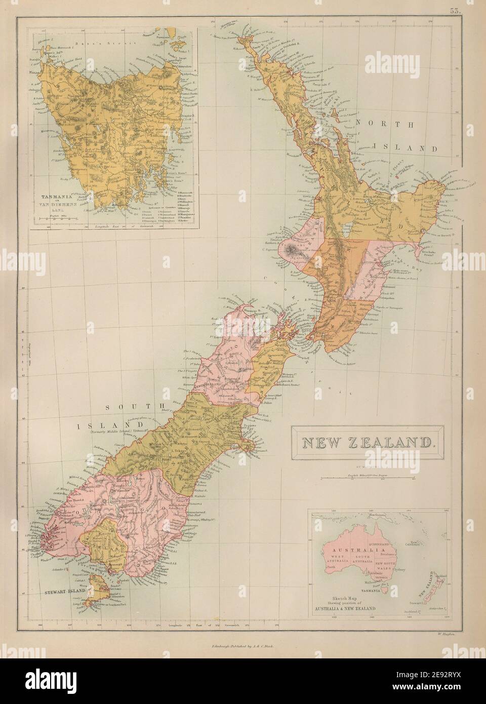 New Zealand in provinces & Tasmania or Van Diemen's Land. BARTHOLOMEW 1870 map Stock Photo