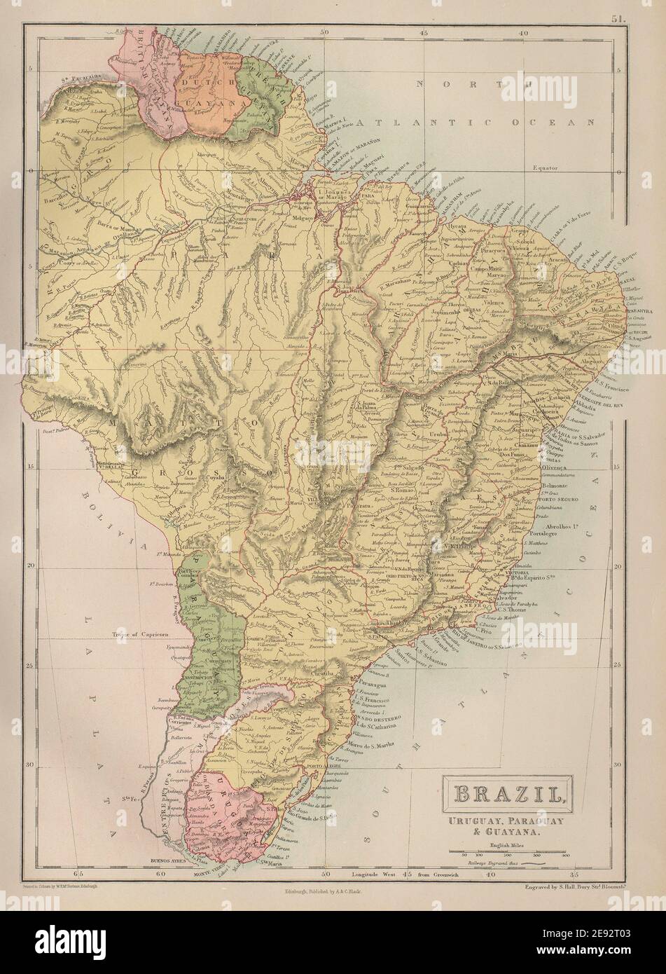 Brazil, Uruguay, Paraguay & Guayana. Guyanas. BARTHOLOMEW 1870 old antique map Stock Photo