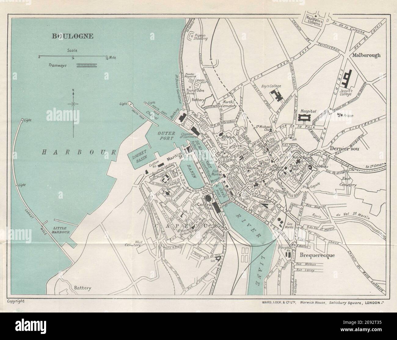 BOULOGNE vintage tourist town city plan. Pas-de-Calais. WARD LOCK 1928 old map Stock Photo