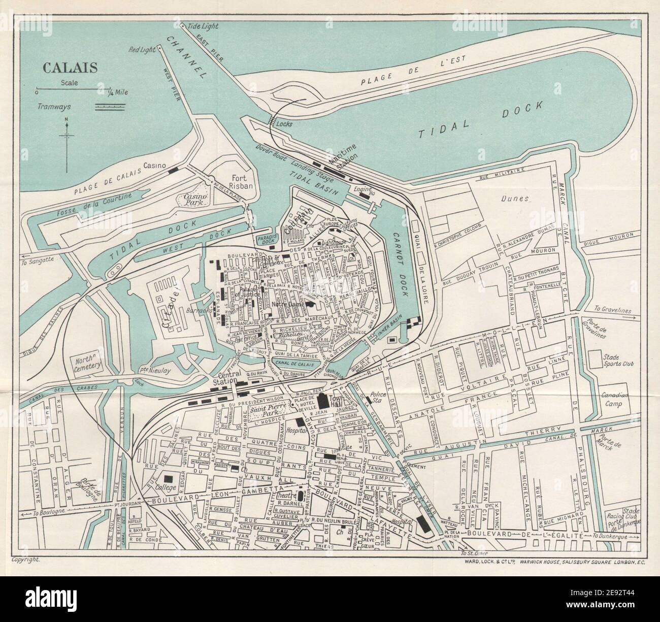 CALAIS vintage tourist town city plan. Pas-de-Calais. WARD LOCK 1928 old map Stock Photo