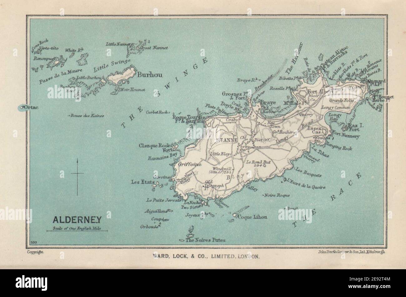 ALDERNEY vintage tourist map. Channel Islands. St Anne. WARD LOCK 1950 old Stock Photo