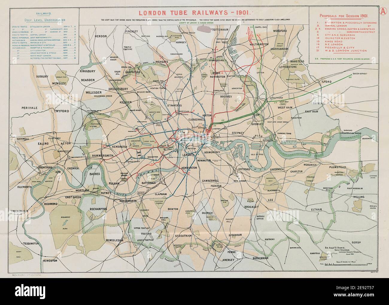 London Tube Railways. 11 proposed new/extended Underground lines HMSO 1901 map Stock Photo