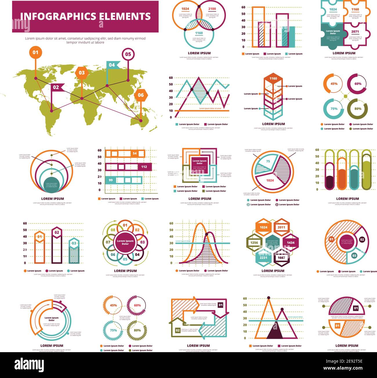 Set of infographics elements with different types of graphics diagrams