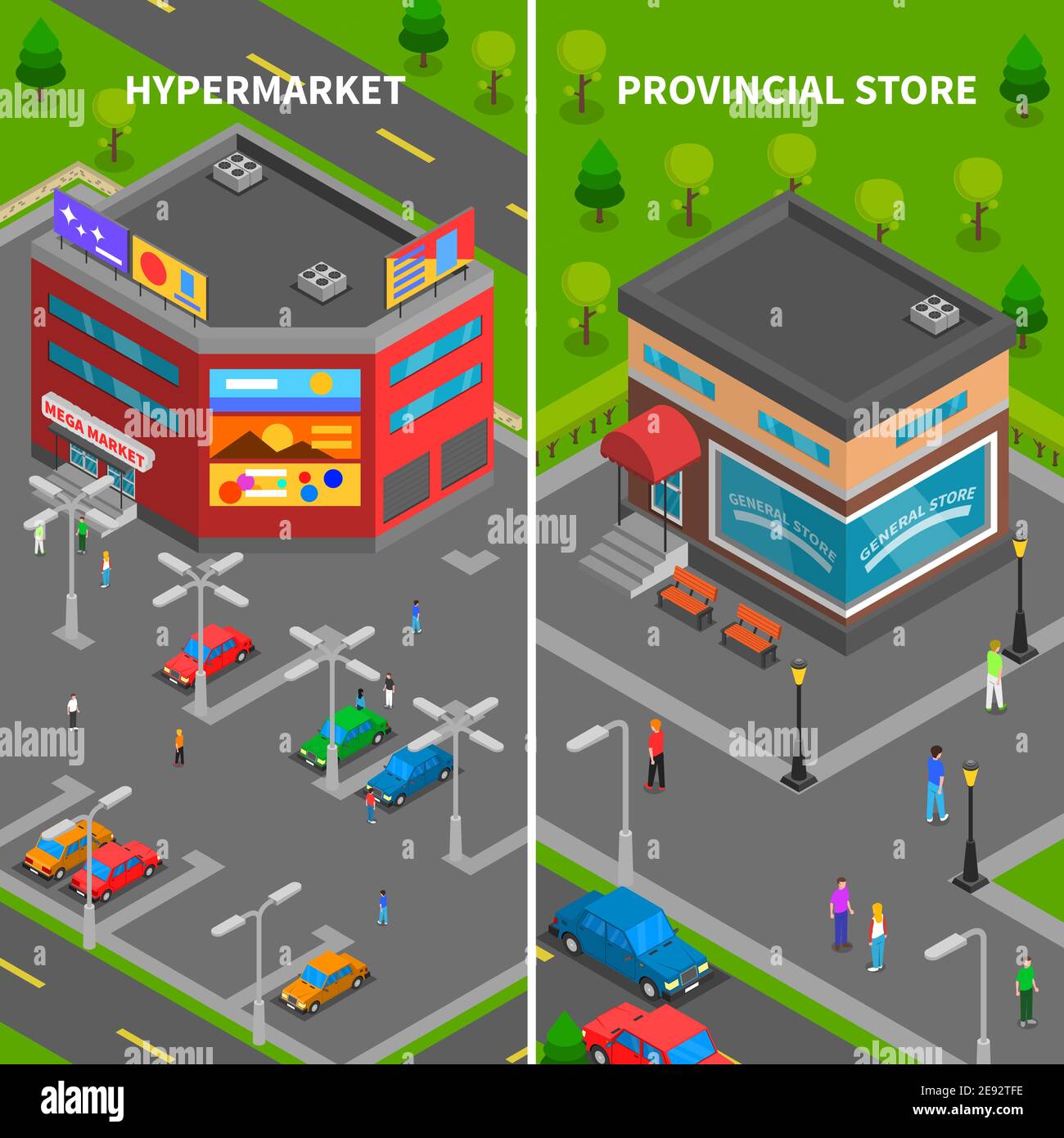 Store buildings isometric vertical banners set of hypermarket and provincial store top view with car parking and people vector illustration Stock Vector