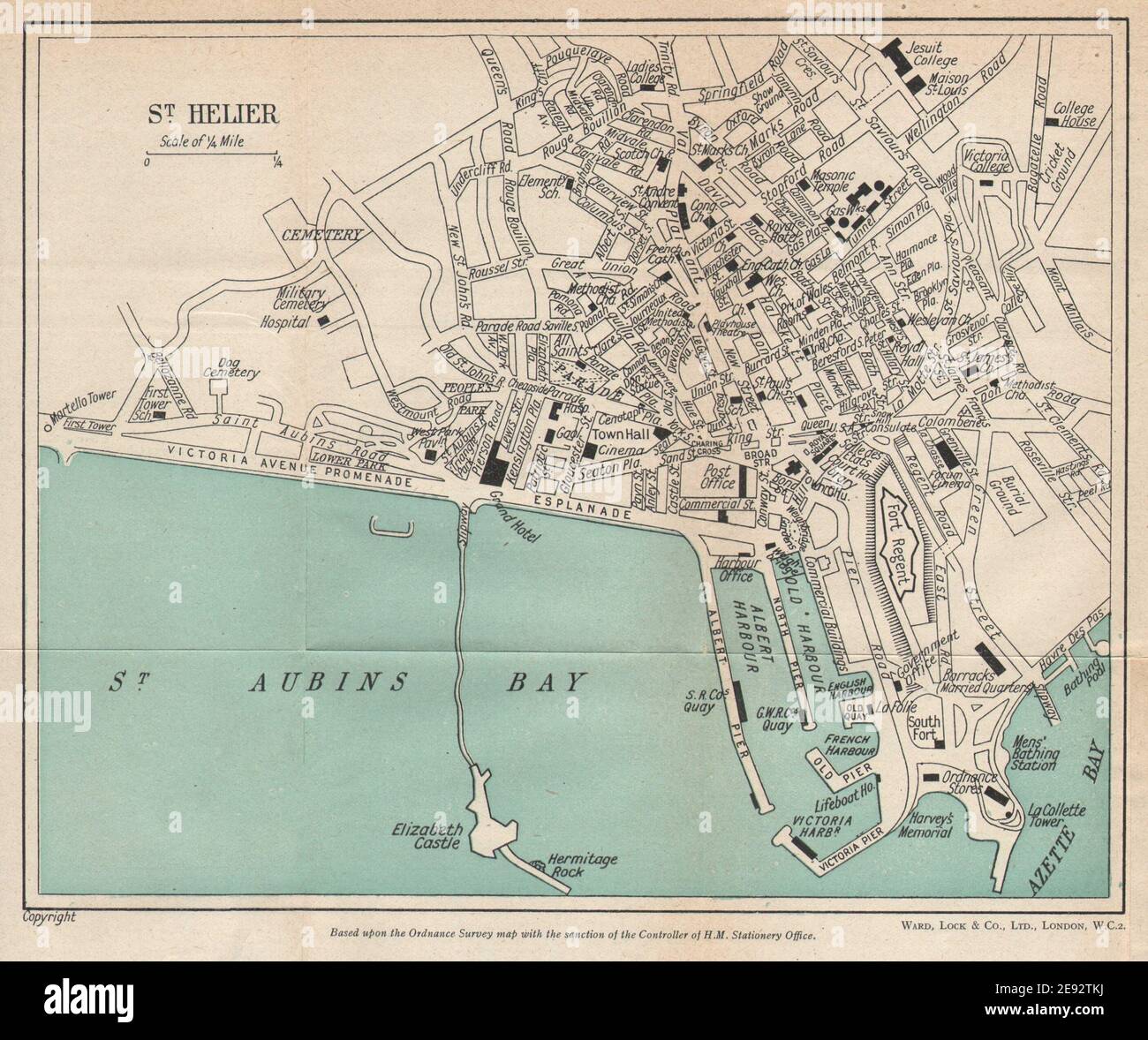 ST. HELIER vintage town city plan. Jersey Channel Islands. WARD LOCK 1950 map Stock Photo