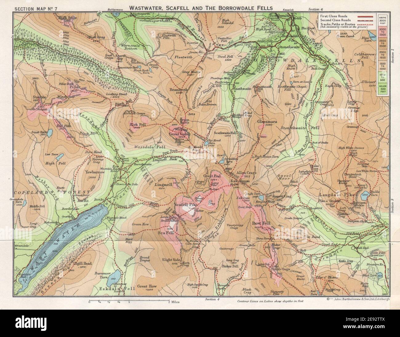 LAKE DISTRICT Wastwater Scafell Pike Borrowdale Fells Langdale Pikes 1964 map Stock Photo