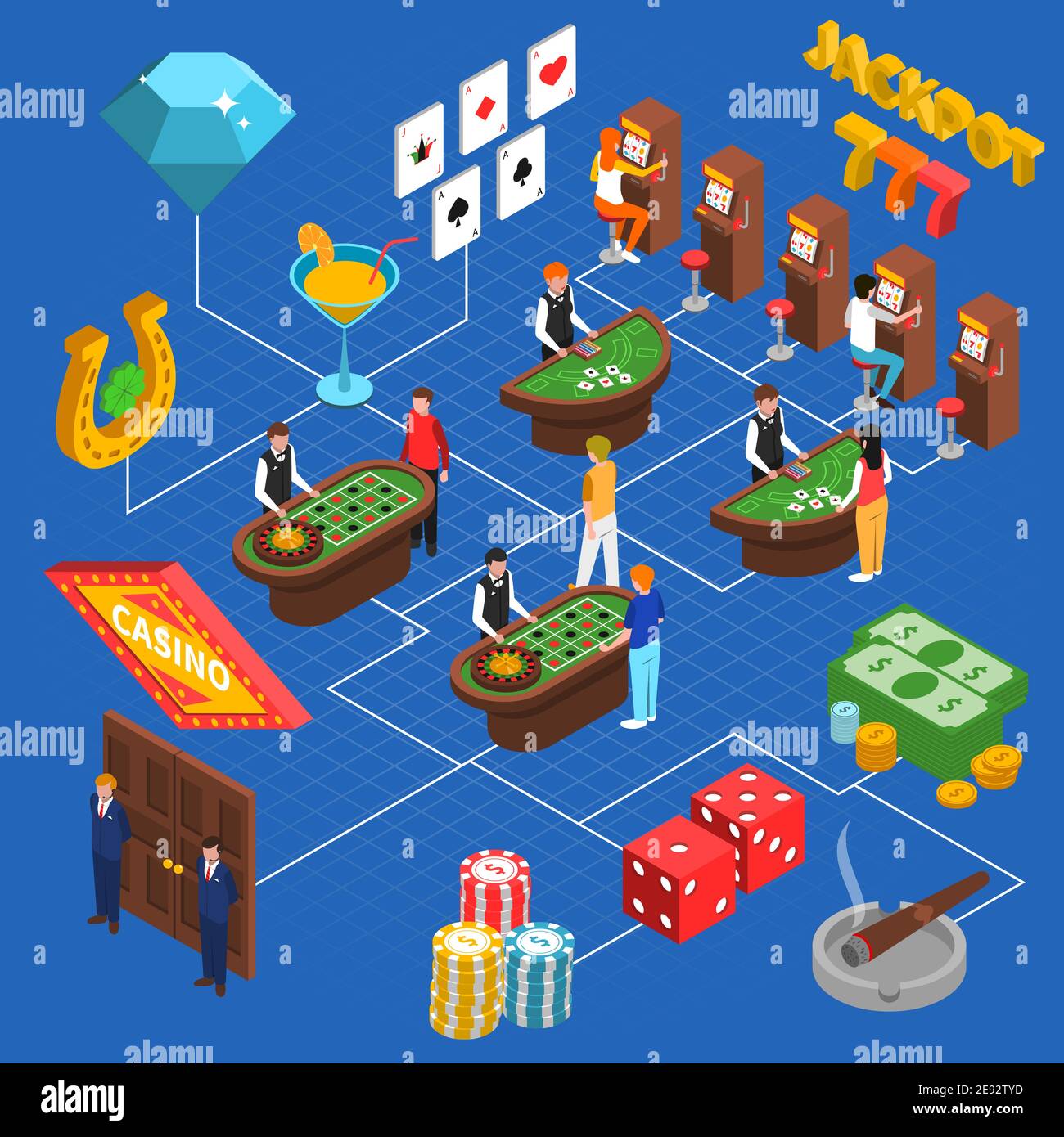 Casino interior isometric concept with croupier at gaming tables slot machines chips and cards vector illustration Stock Vector