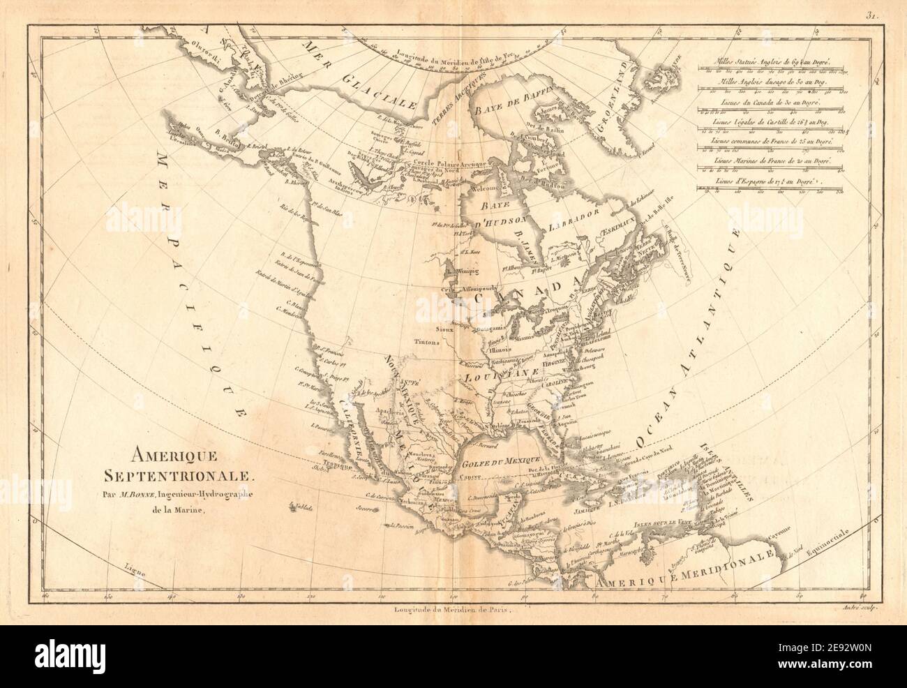 Amerique Septentrionale. Antique map of North America. BONNE 1787 old Stock Photo