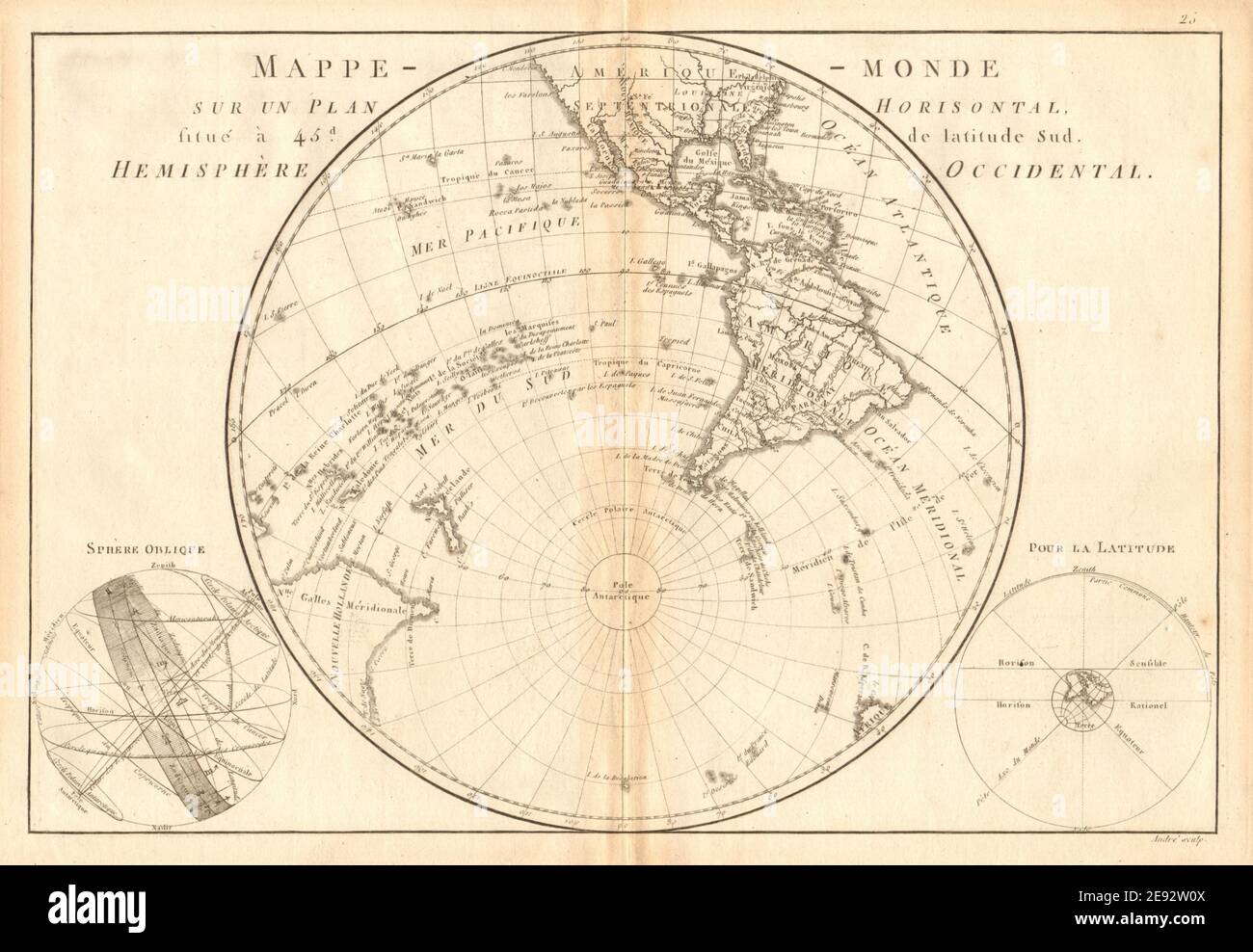 Mappe-monde sur un plan horisontal… à 45°S hemisphere Occidental. BONNE 1787 Stock Photo