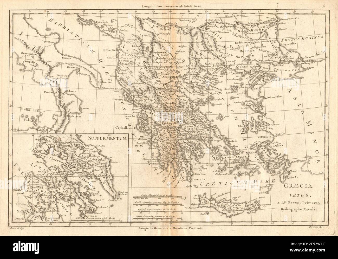 Graecia Vetus. Ancient Greece. Aegean islands. BONNE 1787 old antique map Stock Photo
