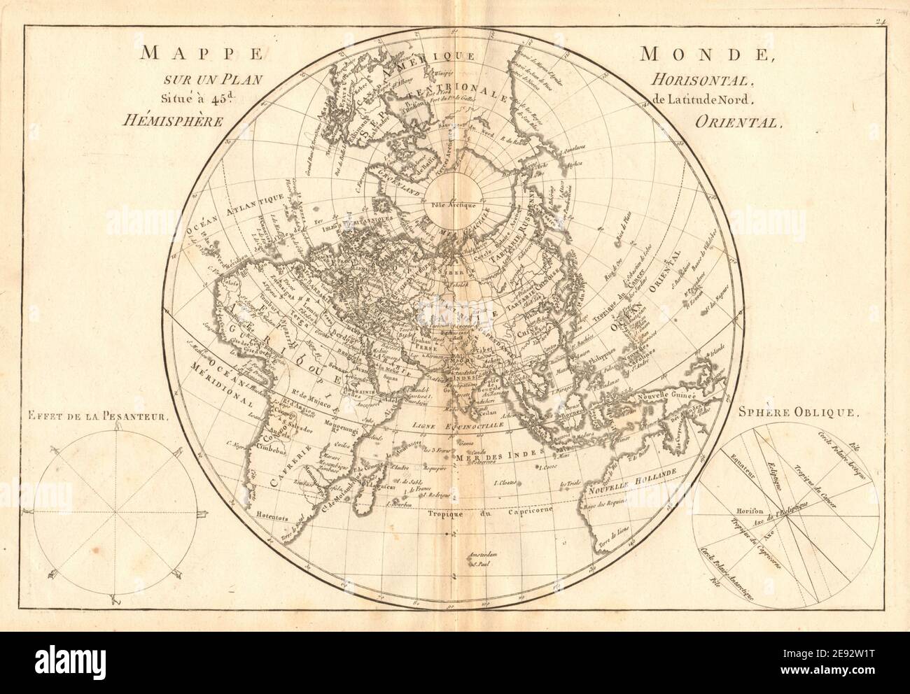 Mappe-monde sur un plan horisontal… à 45°N hemisphere Oriental. BONNE 1787 Stock Photo