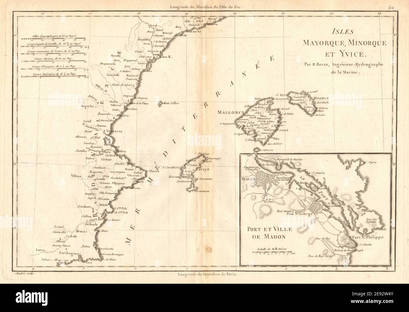 Iles Mayorque, Minorque et Yvice. Mahon. Majorca Menorca Ibiza. BONNE 1787 map Stock Photo