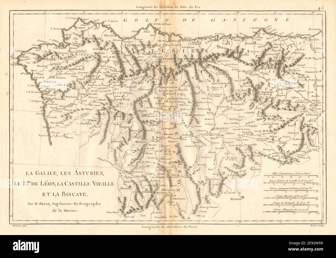 Galice, Asturies, Léon, Castille vieille & Biscaye. NW Spain. BONNE 1787 map Stock Photo