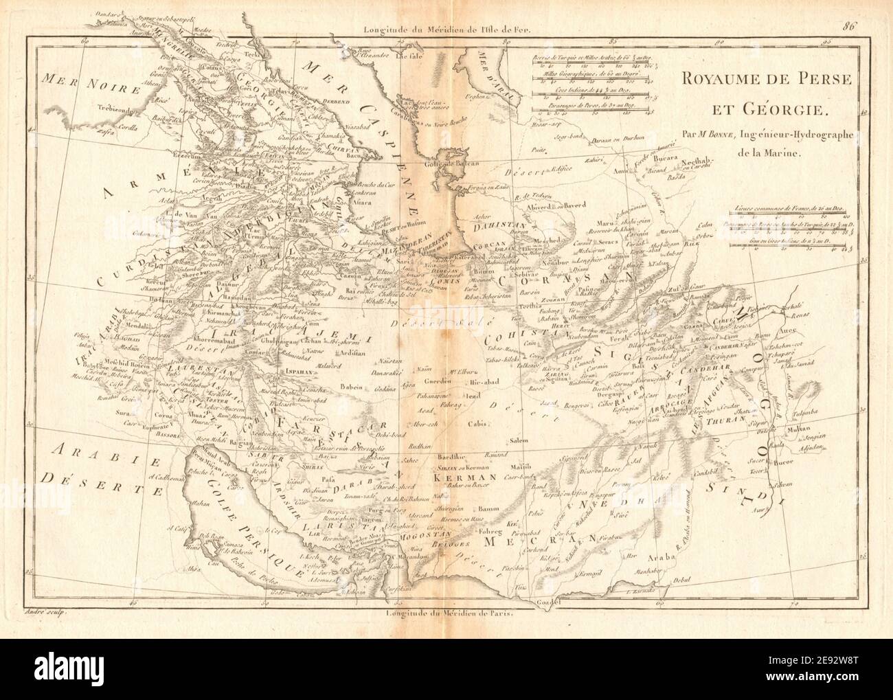 Royaume de Perse et de Géorgie. Kingdoms of Persia & Georgia. BONNE 1788 map Stock Photo