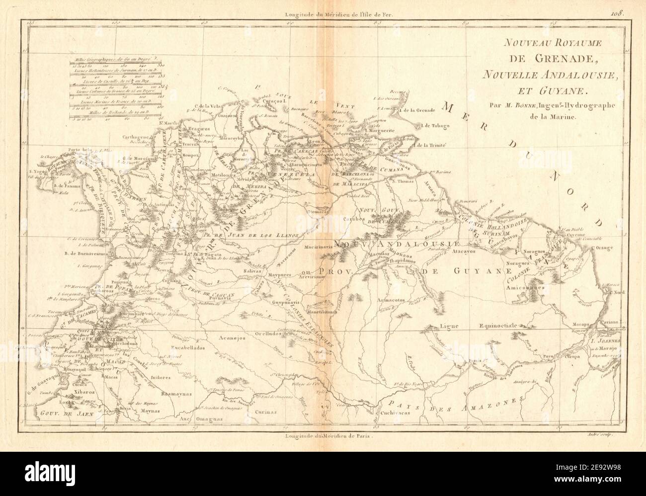 Nouveau Royaume de Grenade, Nouvelle Andalousie et Guyane. BONNE 1788 old map Stock Photo