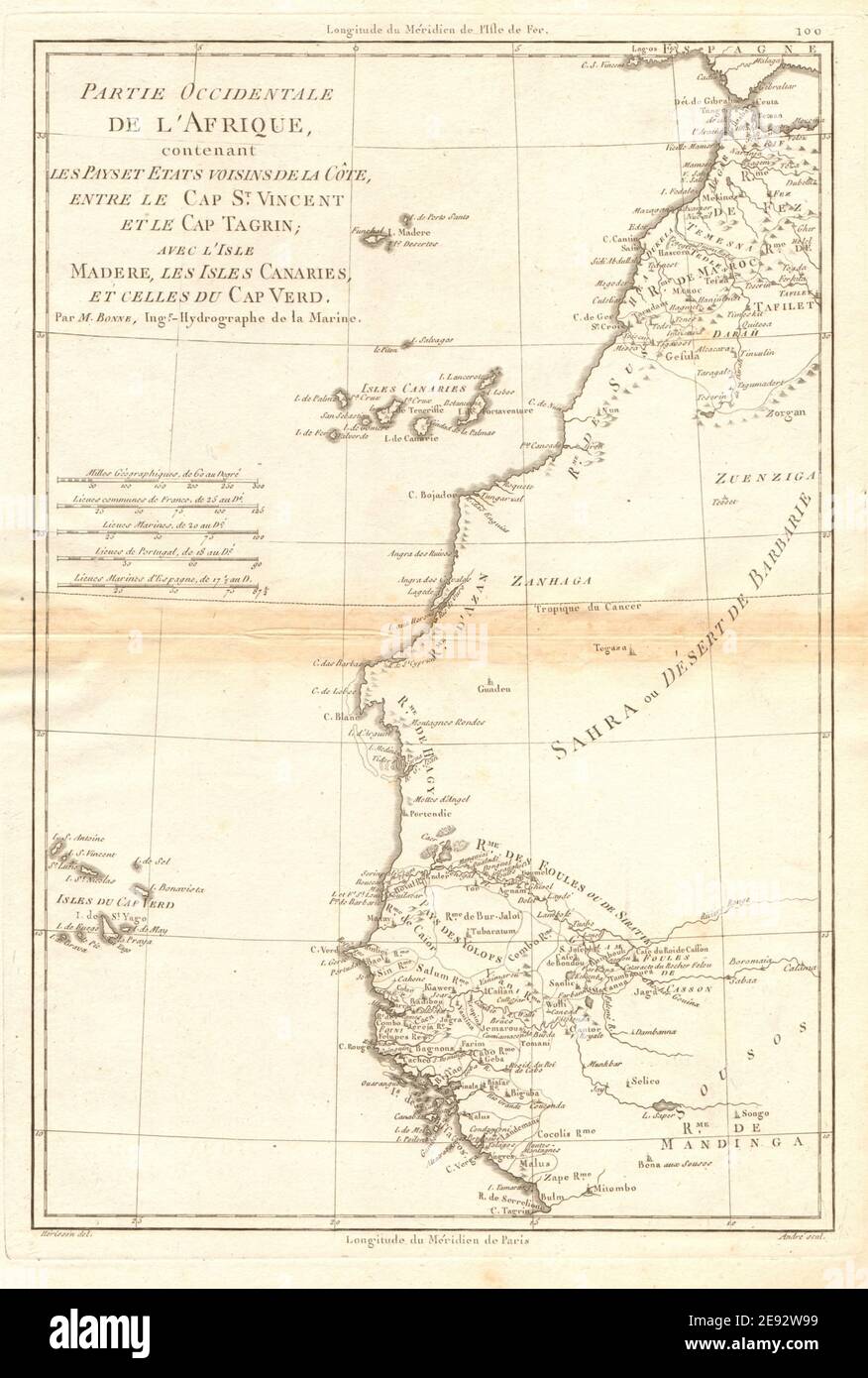 Partie Occidentale de l’Afrique. West Africa coast Canary islands BONNE 1788 map Stock Photo