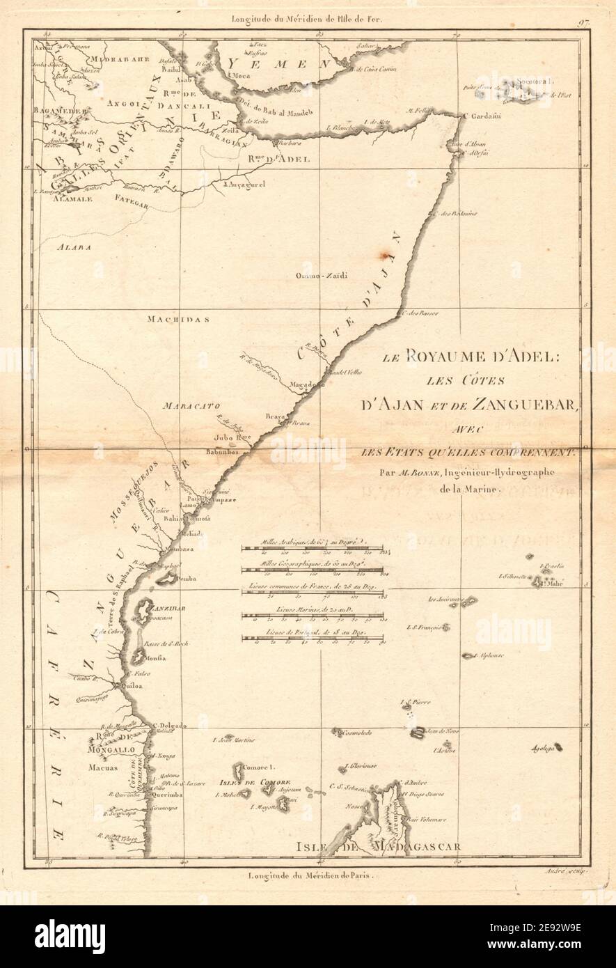 Le Royaume d’Adel… Ajan & Zanguebar. Adal Ajuran. Kenya Tanzania. BONNE 1788 map Stock Photo