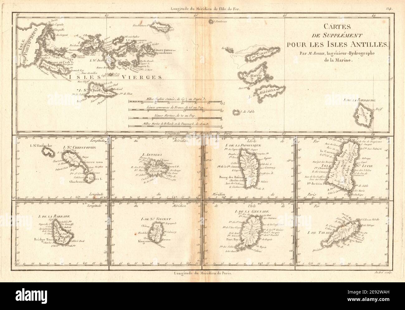 Cartes de supplément pour les Isles Antilles. West Indies Islands BONNE 1788 map Stock Photo