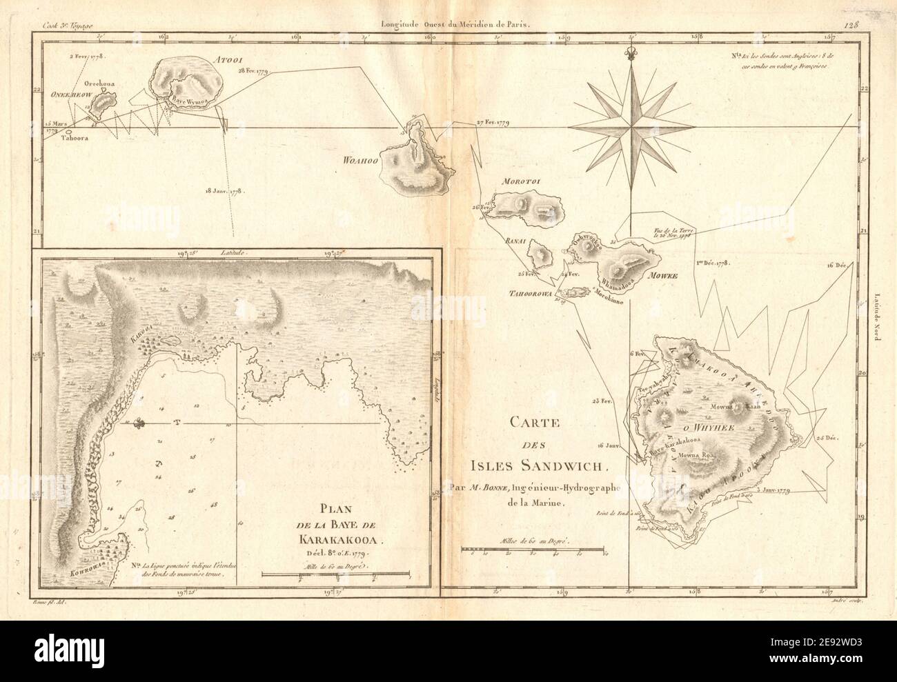 Carte des Isles Sandwich. Hawaiian Islands & Kealakekua Bay. BONNE 1788