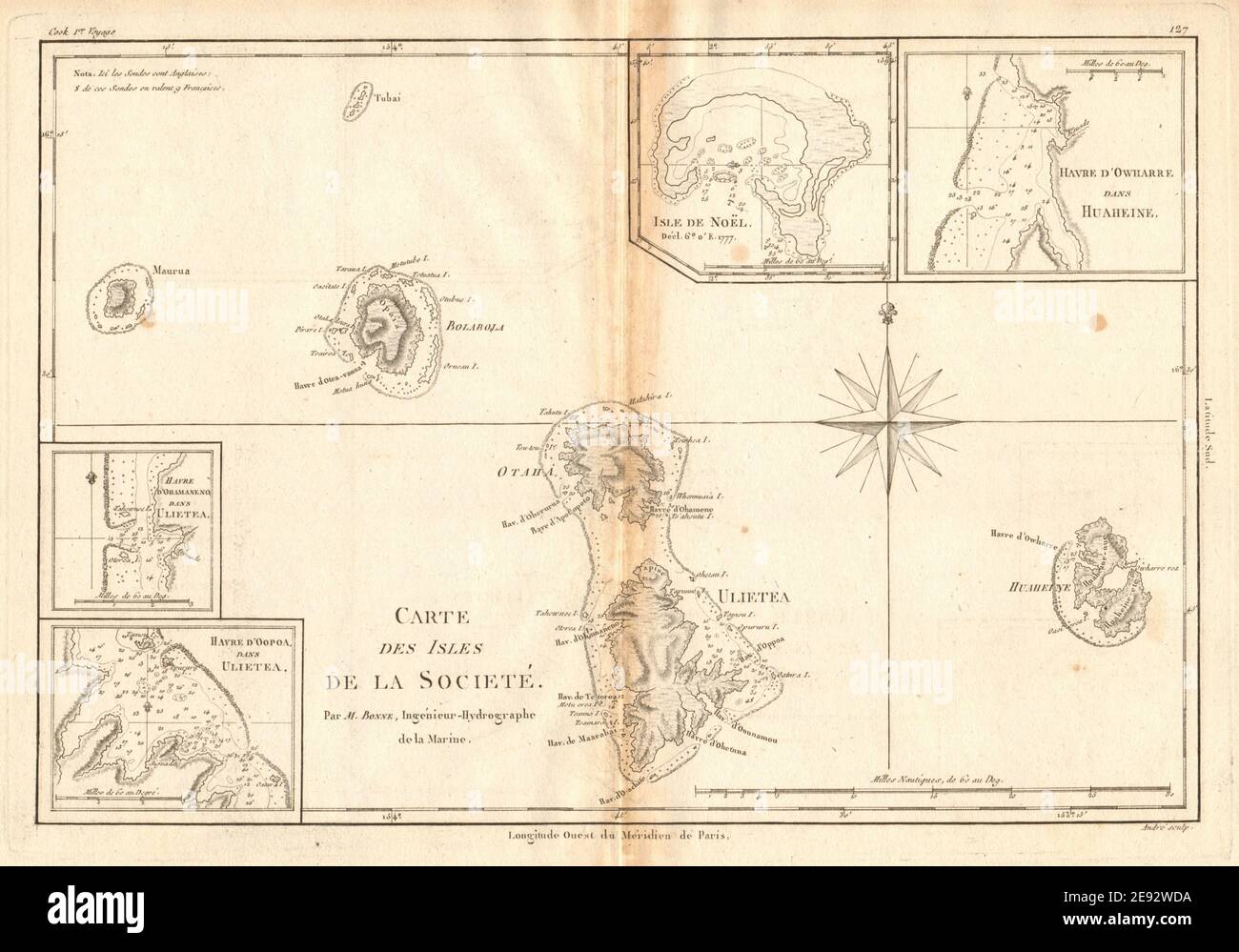 Isles de la Société. Society Islands. Huaheine Raiatea Polynesia. BONNE 1788 map Stock Photo