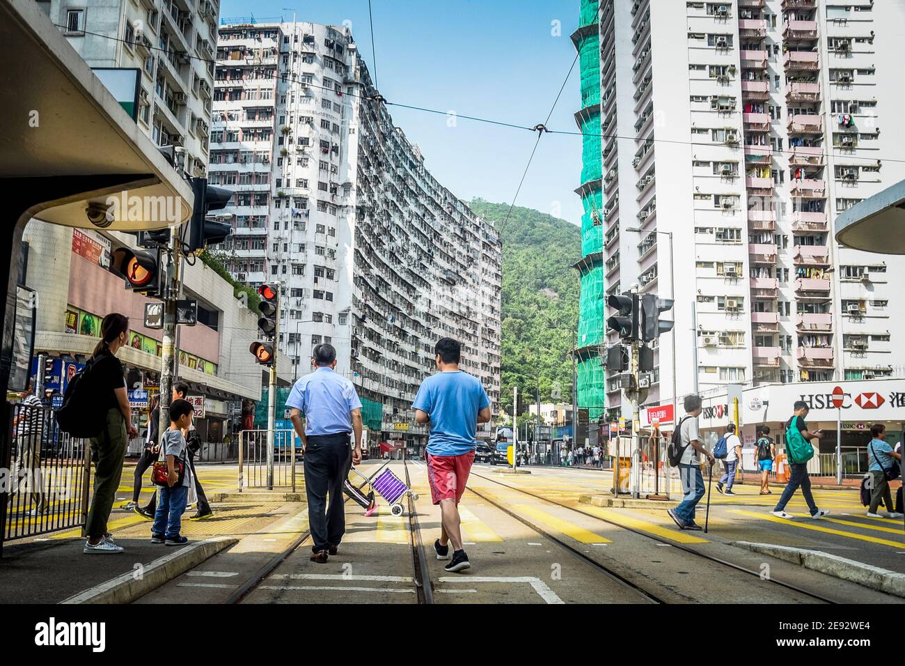 Hong Kong City Streets, Trams and Yellow Lines Stock Photo