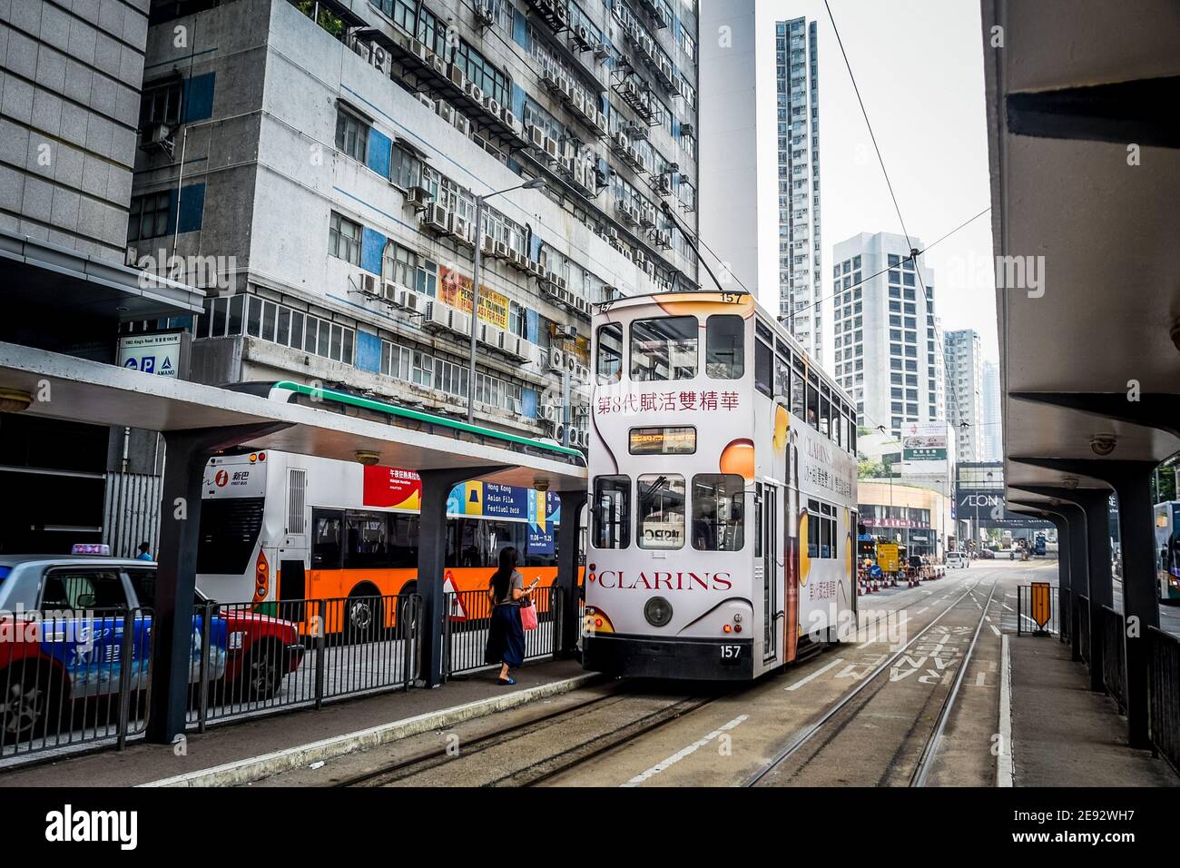 Hong Kong City Streets, Trams and Yellow Lines Stock Photo