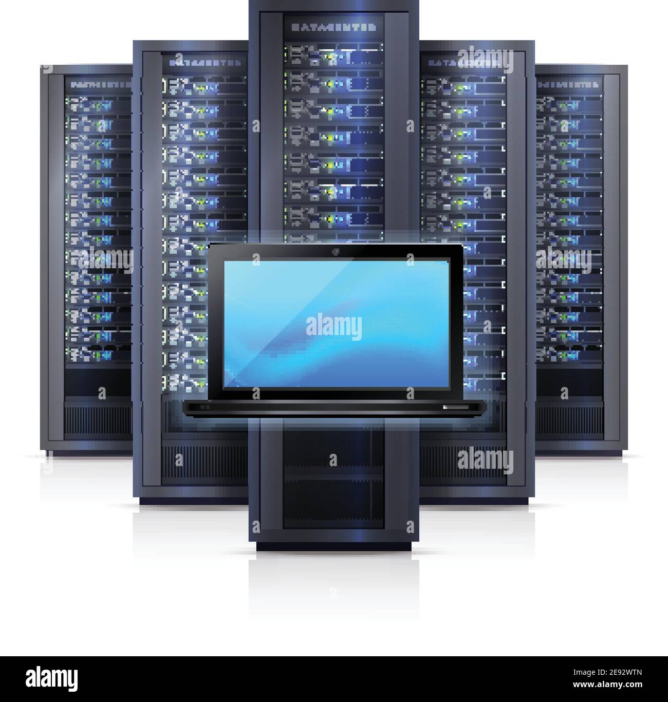 Computer hardware system elements with black server racks framework and